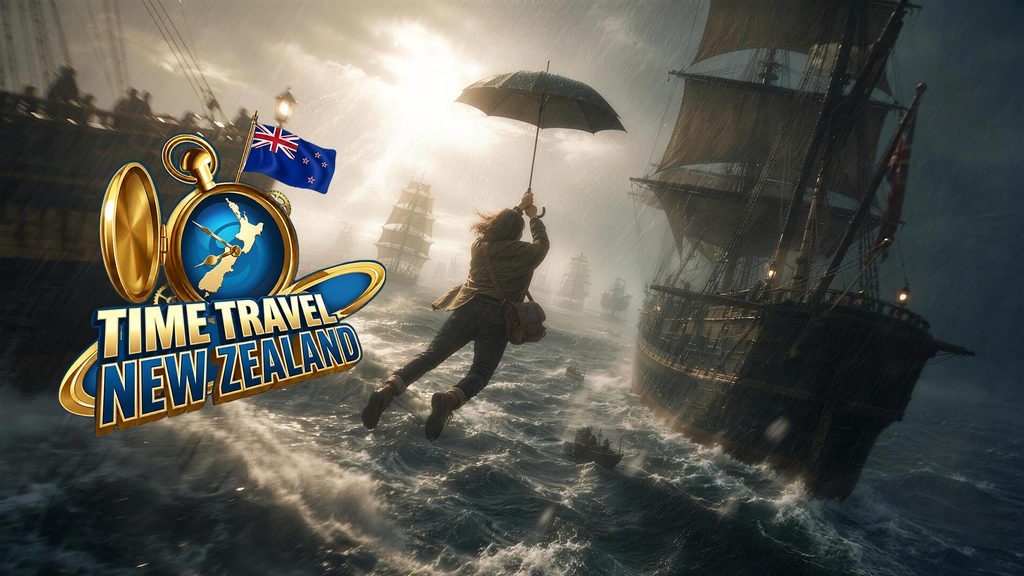 Time Travel New Zealand: an umbrella flight between sailing ships